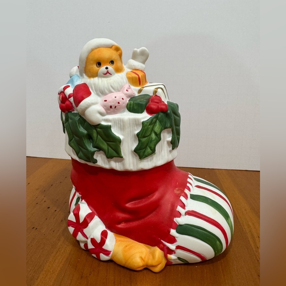 Vintage 1980s bear in stocking porcelain Christmas nightlight figurine